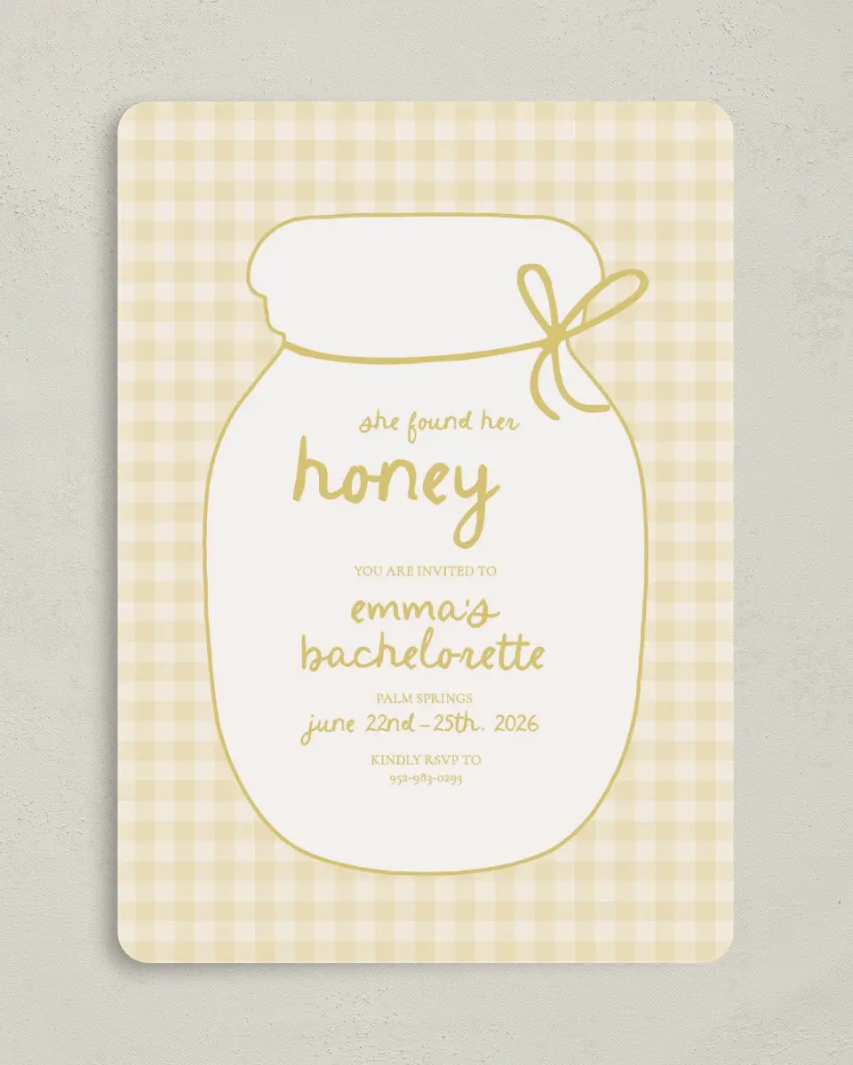 This is a 5" x 7" Bachelorette Party Invitation called She Found her Honey printed in full color on Premium Smooth paper