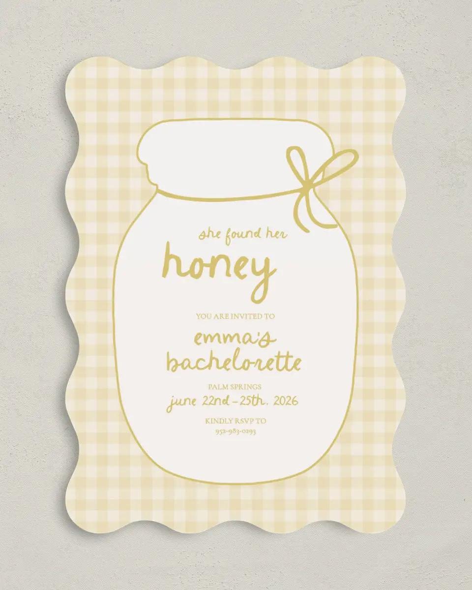 This is a 5" x 7" Bachelorette Party Invitation called She Found her Honey printed in full color on Premium Smooth paper