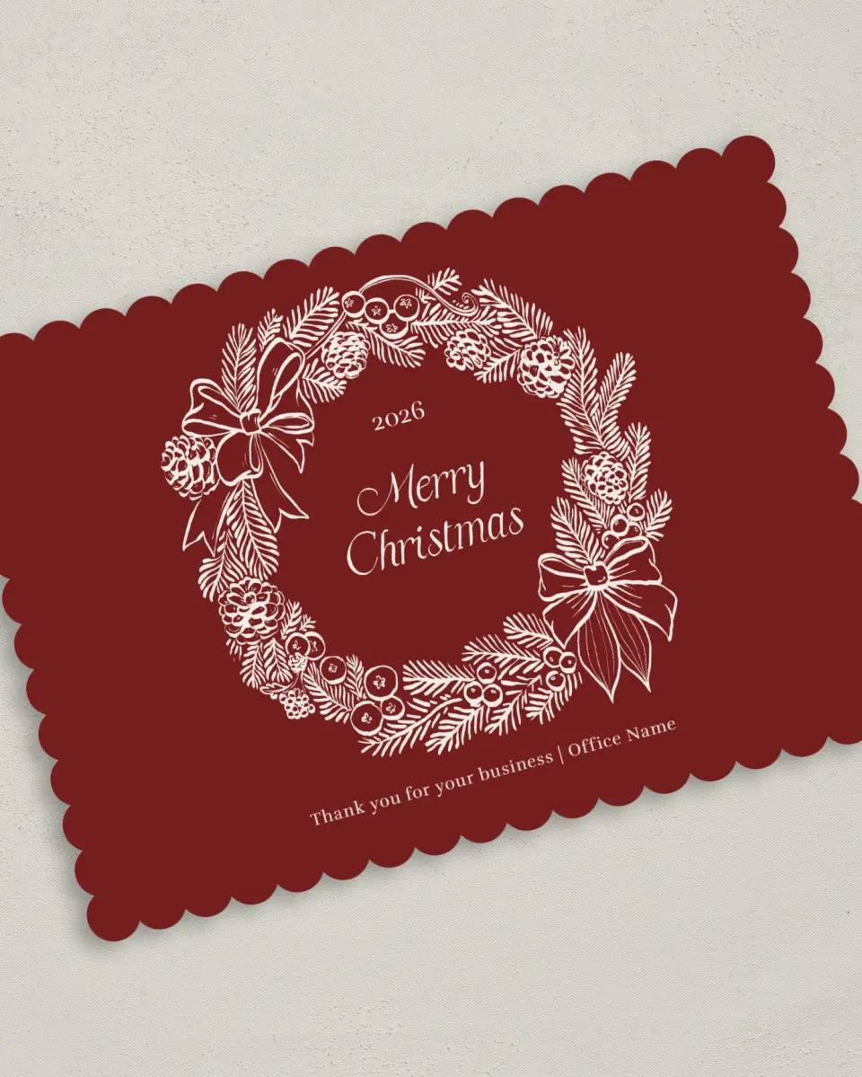 This is a 5" x 7" Christmas Card called Wreath Tidings printed in full color on Premium Smooth paper on Premium Smooth paper on Premium Smooth paper