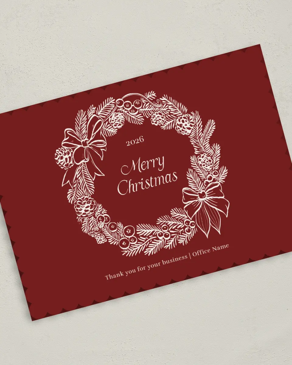 This is a 5" x 7" Christmas Card called Wreath Tidings printed in full color on Premium Smooth paper on Premium Smooth paper on Premium Smooth paper