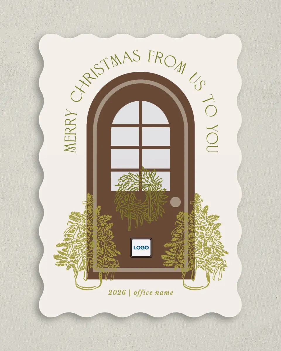 This is a 5" x 7" Christmas Card called Festive Porch printed in full color with Rose Gold foil on Soft Suede (coated) paper