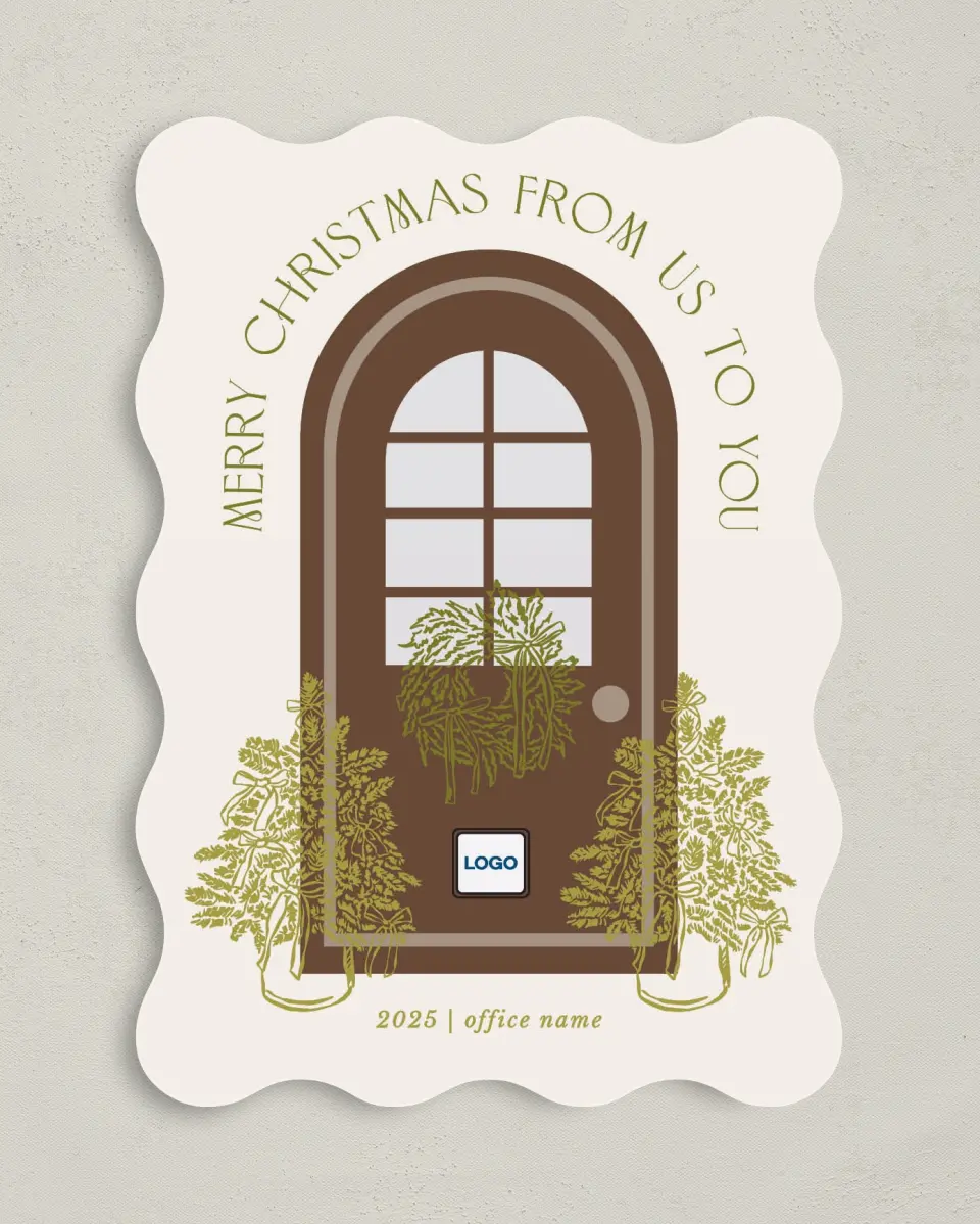 This is a 5" x 7" Christmas Card called Festive Porch printed in full color with Gold foil on Soft Suede (coated) paper