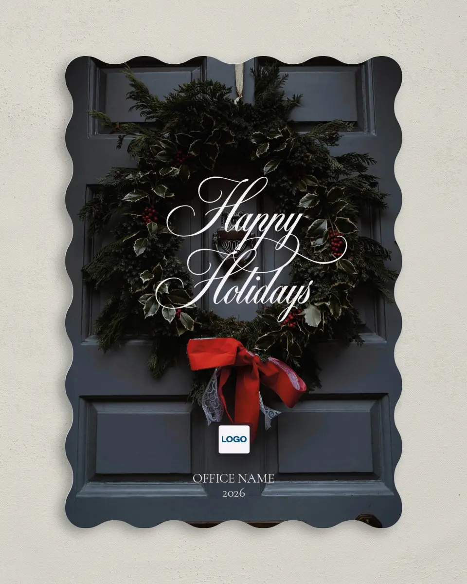 This is a 5" x 7" Christmas Card called Festive Wreath printed in full color with Rose Gold foil on Soft Suede (coated) paper