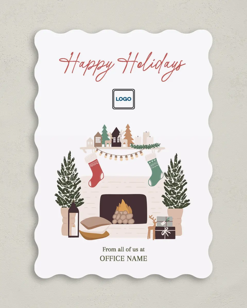 This is a 5" x 7" Christmas Card called Merry Mantlepiece printed in full color with Rose Gold foil on Soft Suede (coated) paper