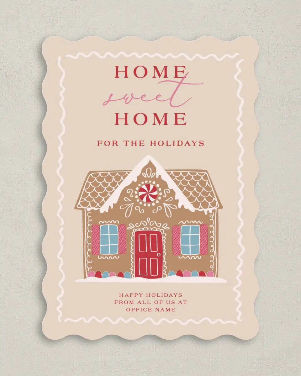 This is a 5" x 7" Christmas Card called Home Sweet Gingerhome printed in full color with Rose Gold foil on Soft Suede (coated) paper