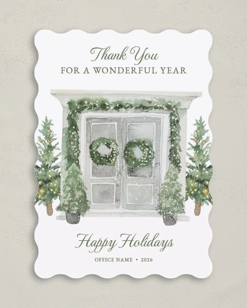 This is a 5" x 7" Christmas Card called Snowy Home printed in full color with Rose Gold foil on Soft Suede (coated) paper