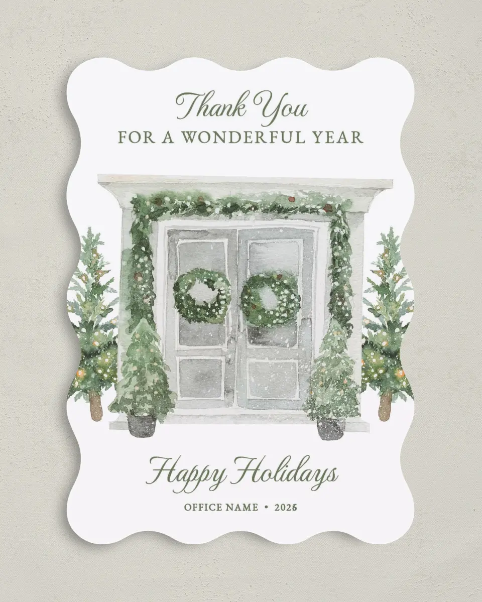 This is a 5" x 7" Christmas Card called Snowy Home printed in full color with Gold foil on Soft Suede (coated) paper