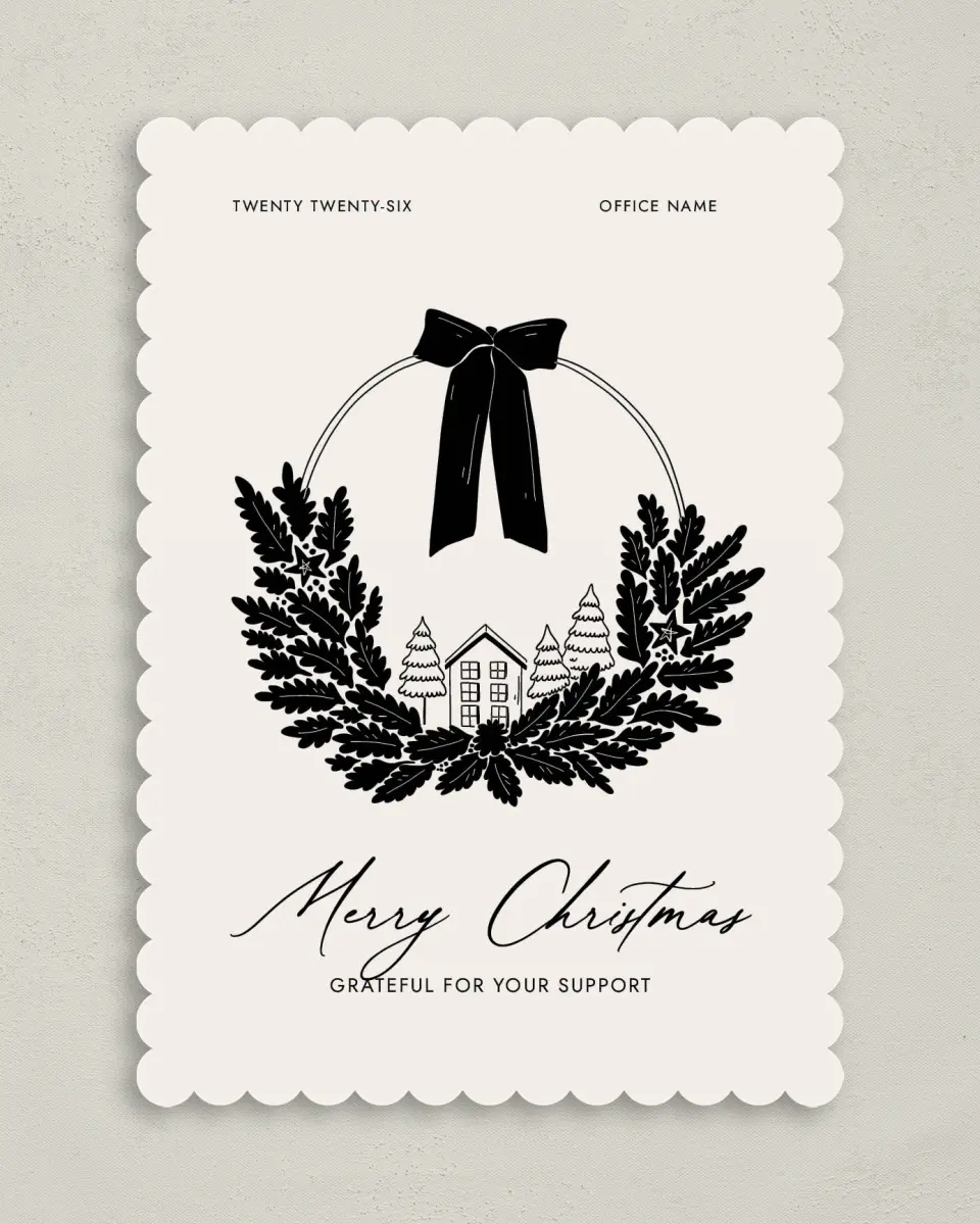 This is a 5" x 7" Christmas Card called Cozy Wreath printed in full color on Premium Smooth paper on Premium Smooth paper on Premium Smooth paper