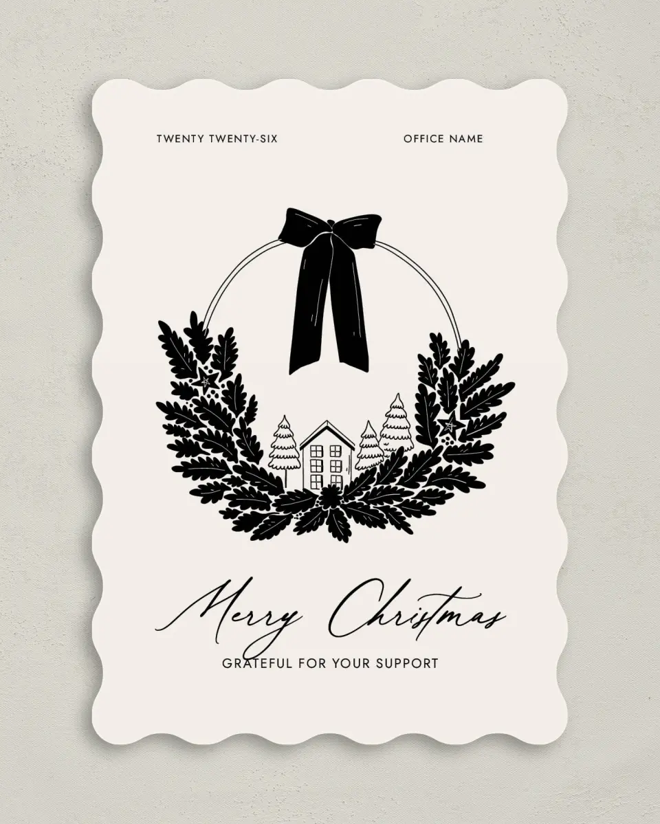 This is a 5" x 7" Christmas Card called Cozy Wreath printed in full color with Rose Gold foil on Soft Suede (coated) paper