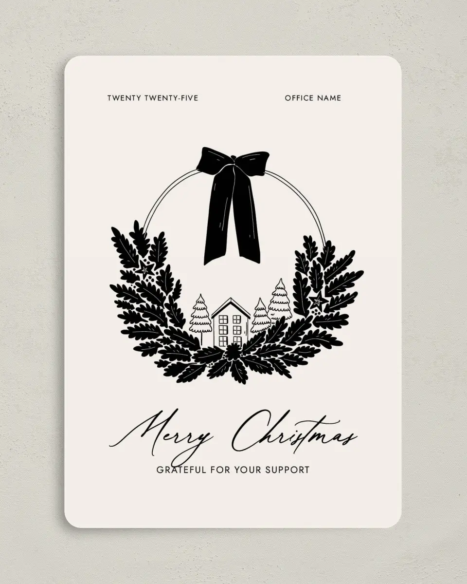 This is a 5" x 7" Christmas Card called Cozy Wreath printed in full color on Premium Smooth paper