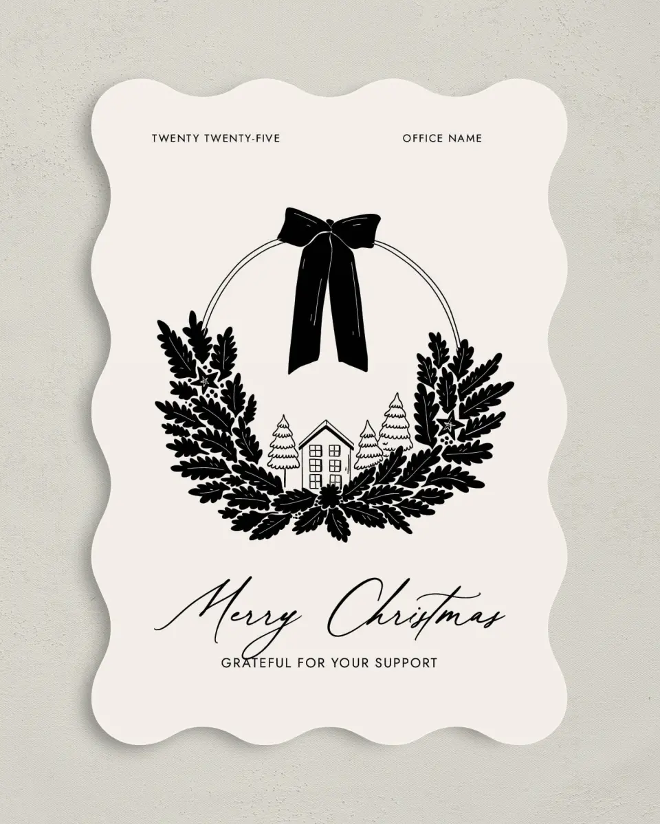 This is a 5" x 7" Christmas Card called Cozy Wreath printed in full color on Premium Smooth paper