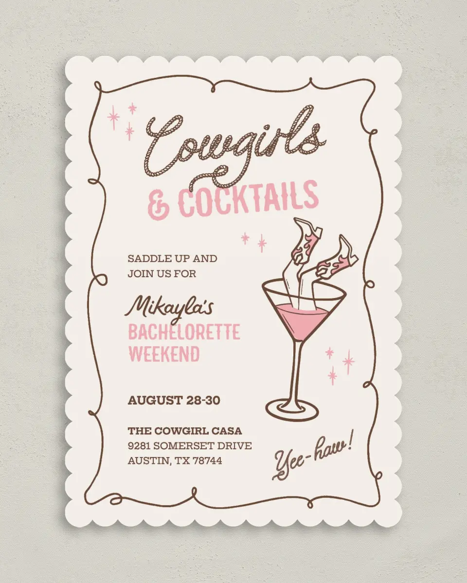 This is a 5" x 7" Bachelorette Party Invitation called Cowgirls & Cocktails printed in full color on Premium Smooth paper