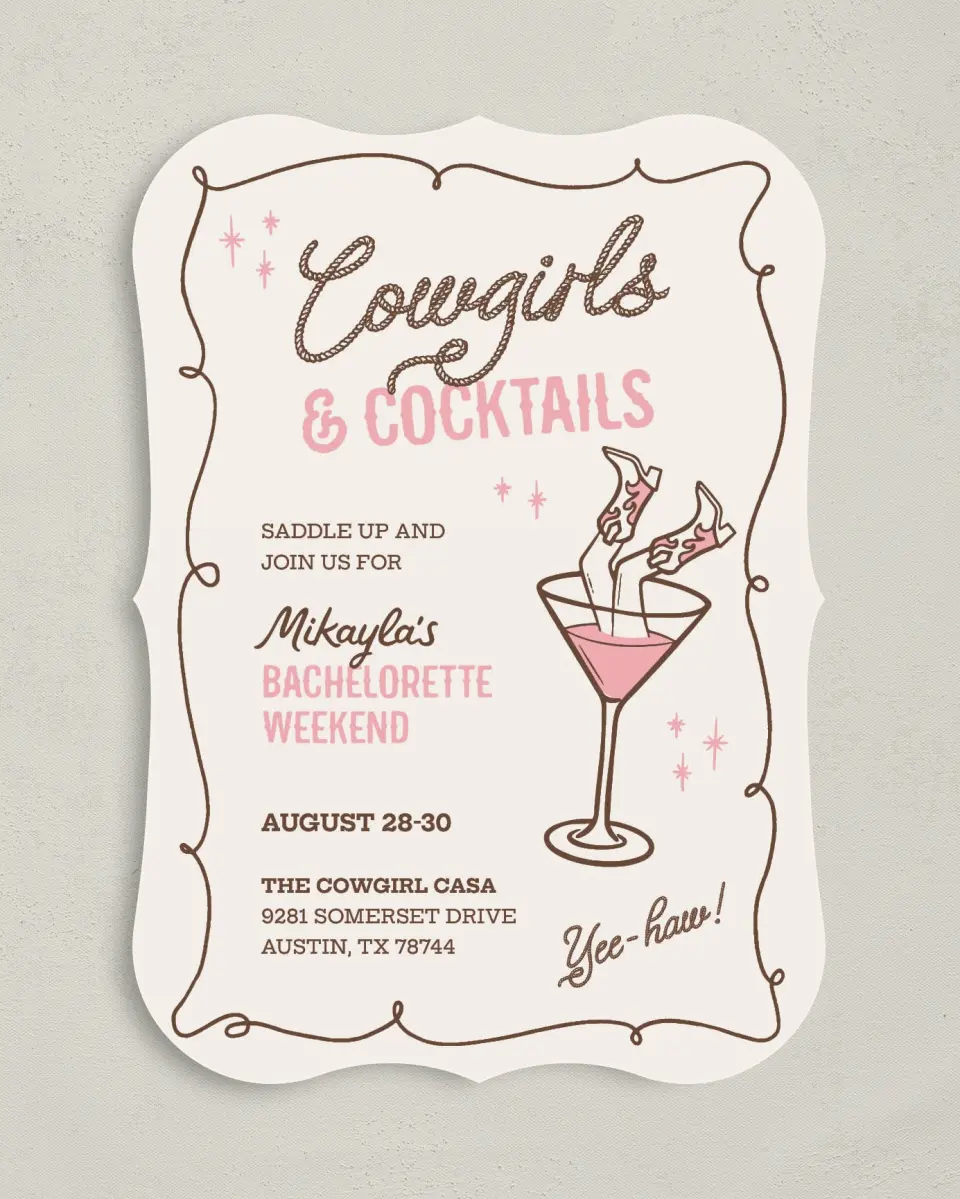 This is a 5" x 7" Bachelorette Party Invitation called Cowgirls & Cocktails printed in full color on Premium Smooth paper