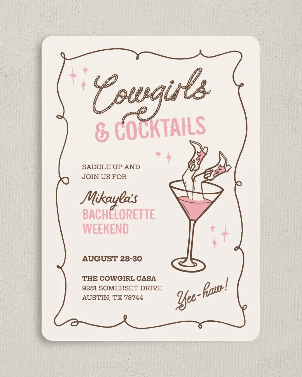 This is a 5" x 7" Bachelorette Party Invitation called Cowgirls & Cocktails printed in full color on Premium Smooth paper