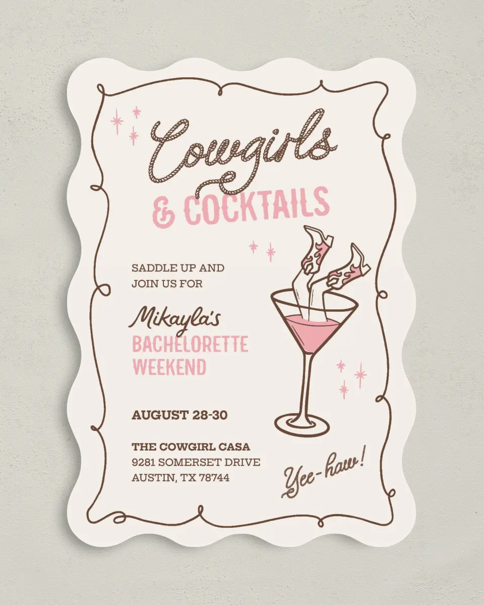 This is a 5" x 7" Bachelorette Party Invitation called Cowgirls & Cocktails printed in full color on Premium Smooth paper
