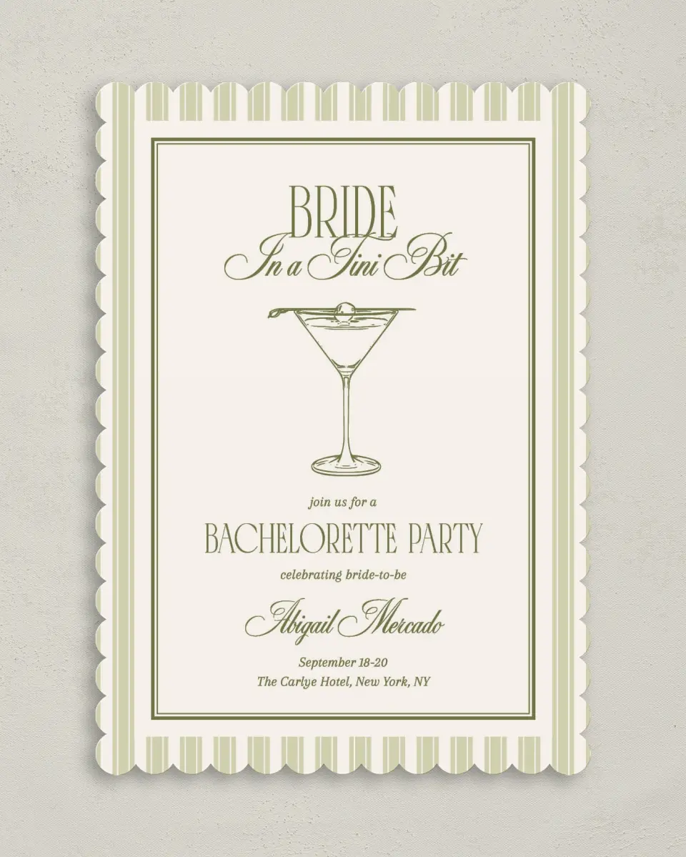 This is a 5" x 7" Bachelorette Party Invitation called In a Tini Bit printed in full color on Premium Smooth paper