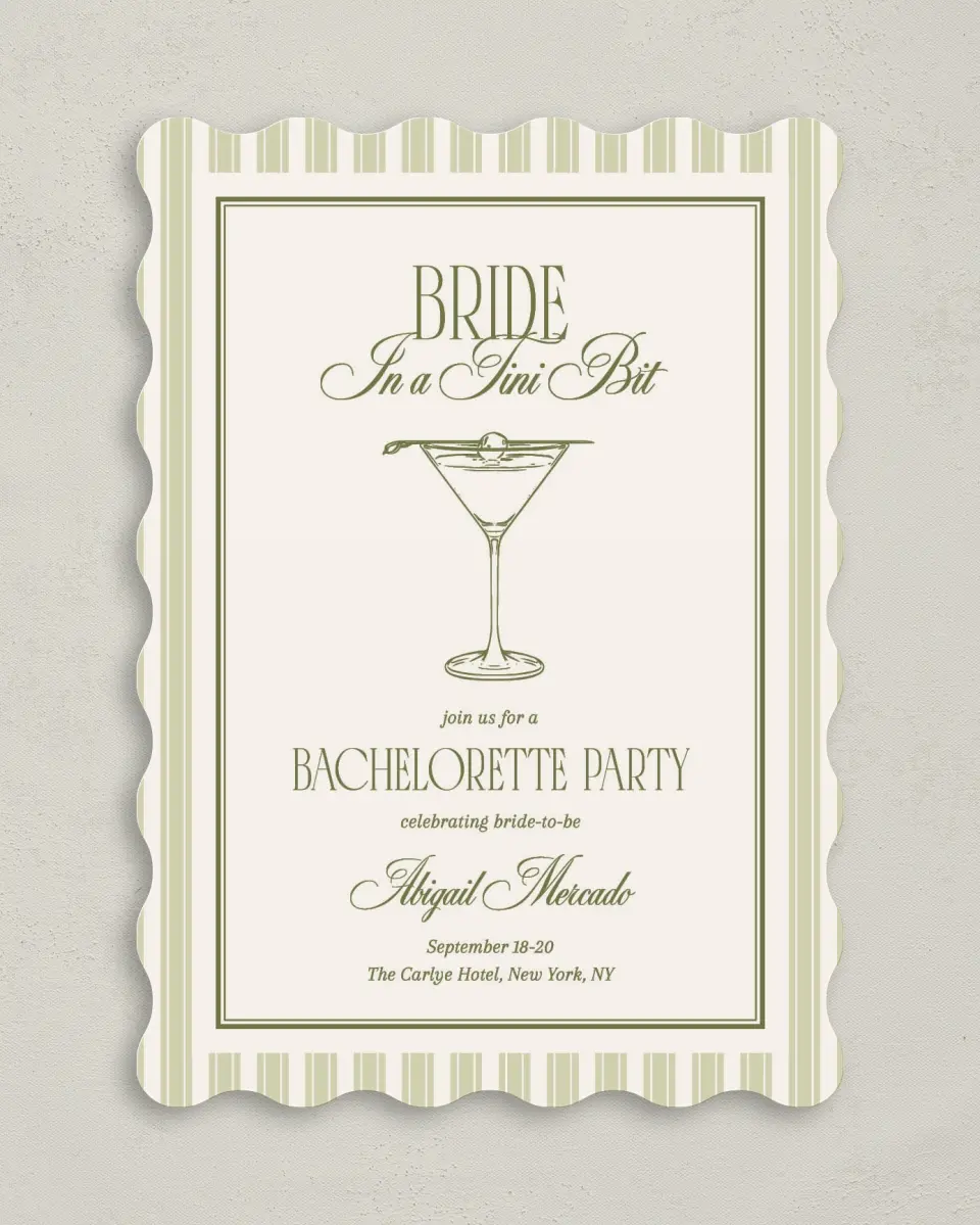 This is a 5" x 7" Bachelorette Party Invitation called In a Tini Bit printed in full color on Premium Smooth paper