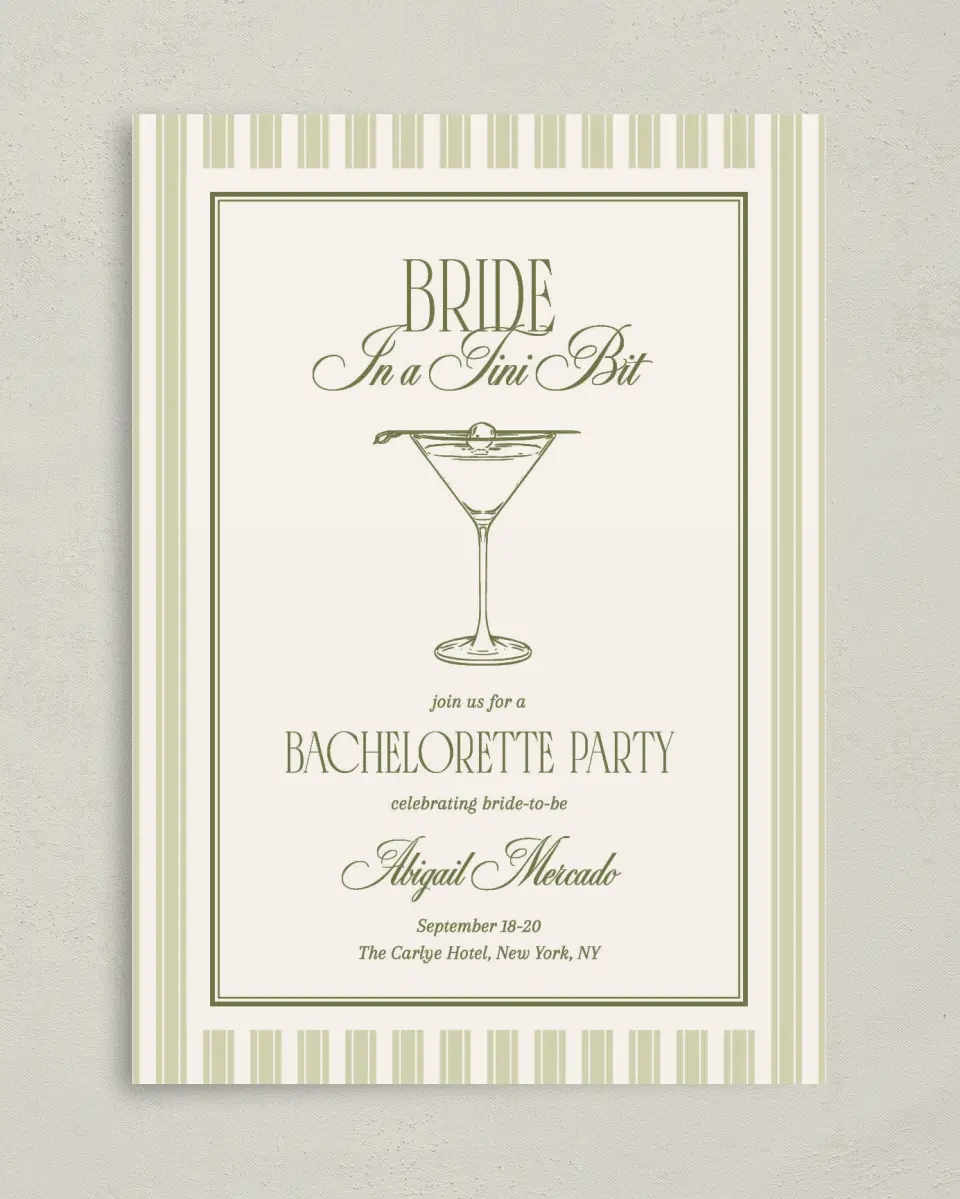This is a 5" x 7" Bachelorette Party Invitation called In a Tini Bit printed in full color on Premium Smooth paper