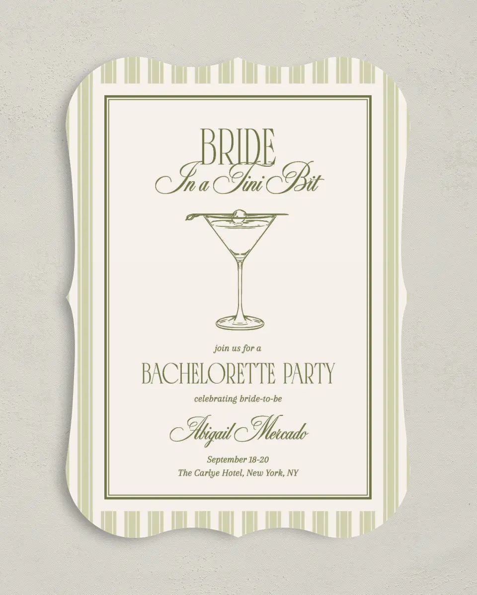This is a 5" x 7" Bachelorette Party Invitation called In a Tini Bit printed in full color on Premium Smooth paper