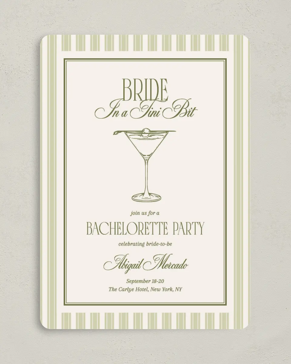 This is a 5" x 7" Bachelorette Party Invitation called In a Tini Bit printed in full color on Premium Smooth paper