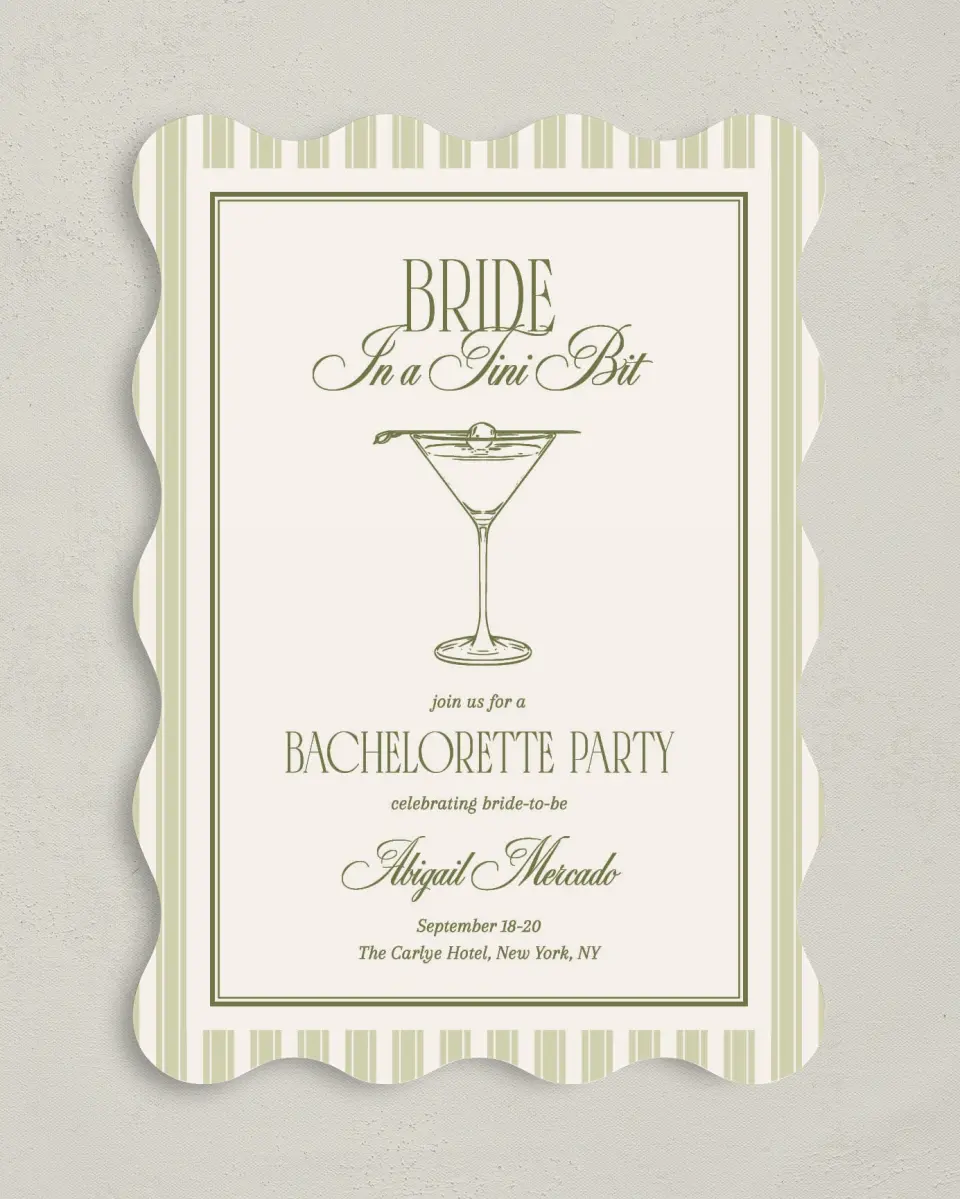 This is a 5" x 7" Bachelorette Party Invitation called In a Tini Bit printed in full color on Premium Smooth paper