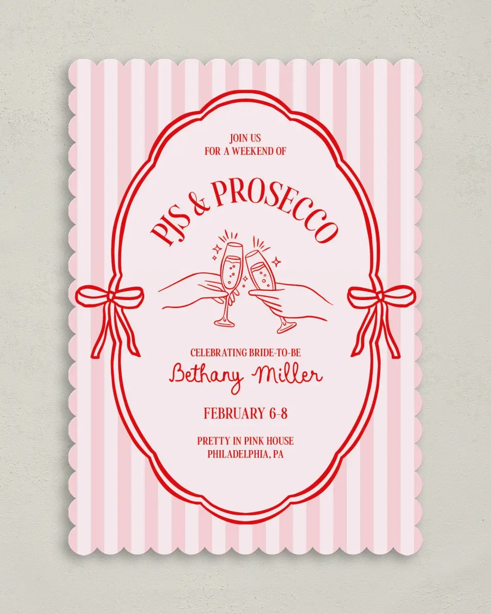 This is a 5" x 7" Bachelorette Party Invitation called PJs & Prosecco printed in full color on Premium Smooth paper