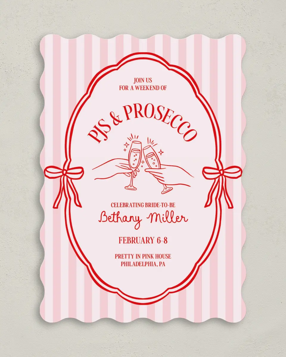 This is a 5" x 7" Bachelorette Party Invitation called PJs & Prosecco printed in full color on Premium Smooth paper