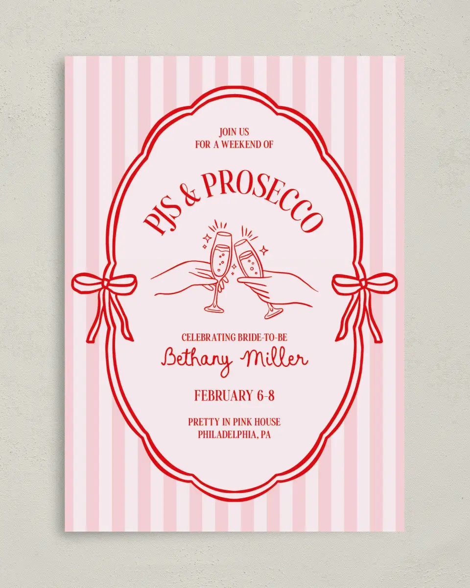 This is a 5" x 7" Bachelorette Party Invitation called PJs & Prosecco printed in full color on Premium Smooth paper