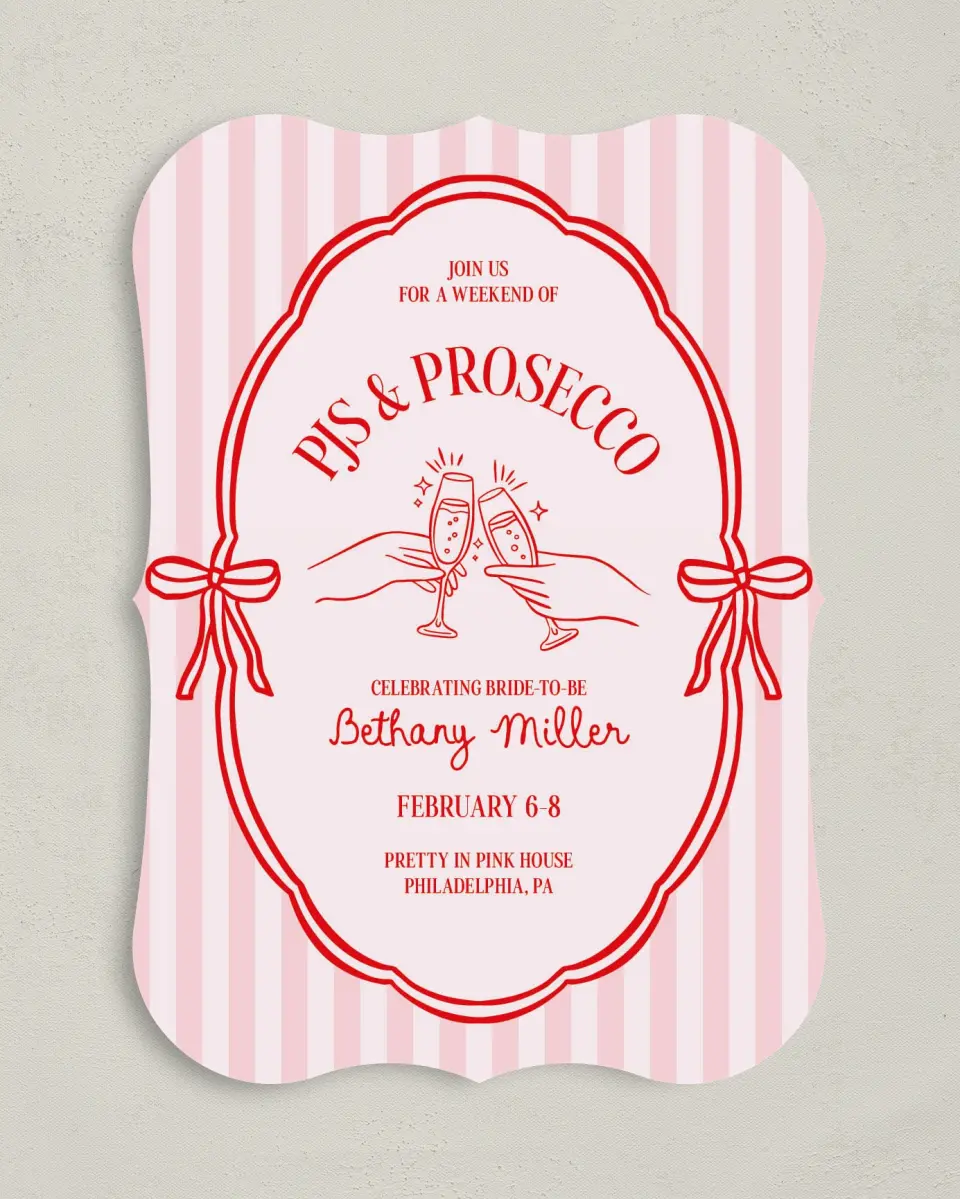 This is a 5" x 7" Bachelorette Party Invitation called PJs & Prosecco printed in full color with Silver foil on Luxe Satin (coated) paper