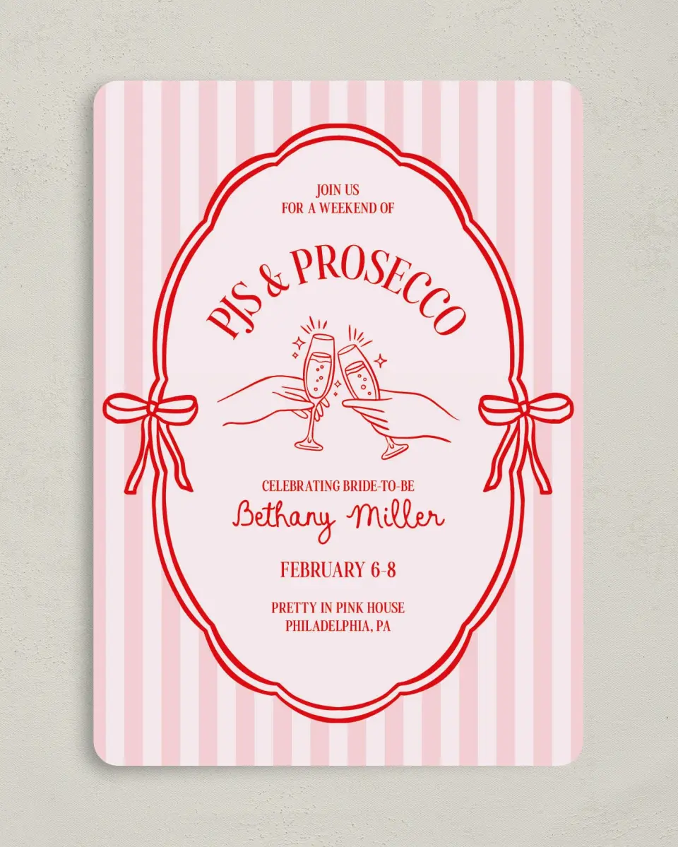 This is a 5" x 7" Bachelorette Party Invitation called PJs & Prosecco printed in full color on Premium Smooth paper