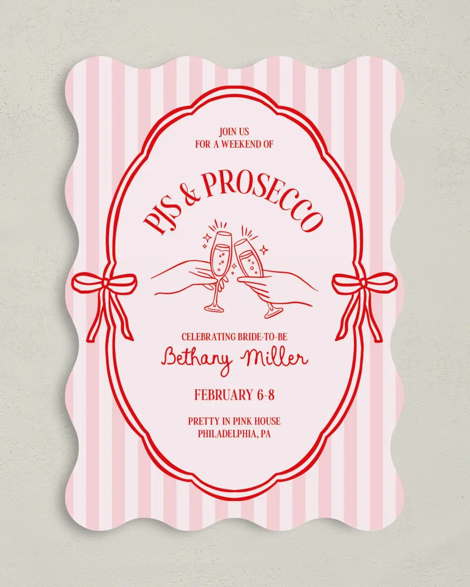 This is a 5" x 7" Bachelorette Party Invitation called PJs & Prosecco printed in full color on Premium Smooth paper