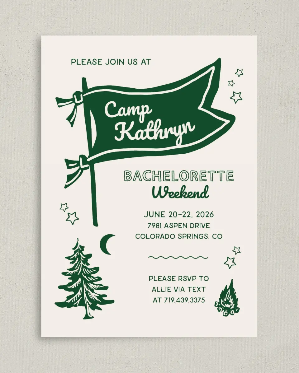 This is a 5" x 7" Bachelorette Party Invitation called Camp Bach printed in full color on Premium Smooth paper