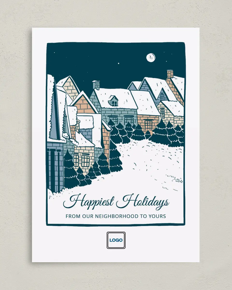 This is a 5" x 7" Christmas Card called Snow-Covered Neighborhood printed in full color on Premium Smooth paper