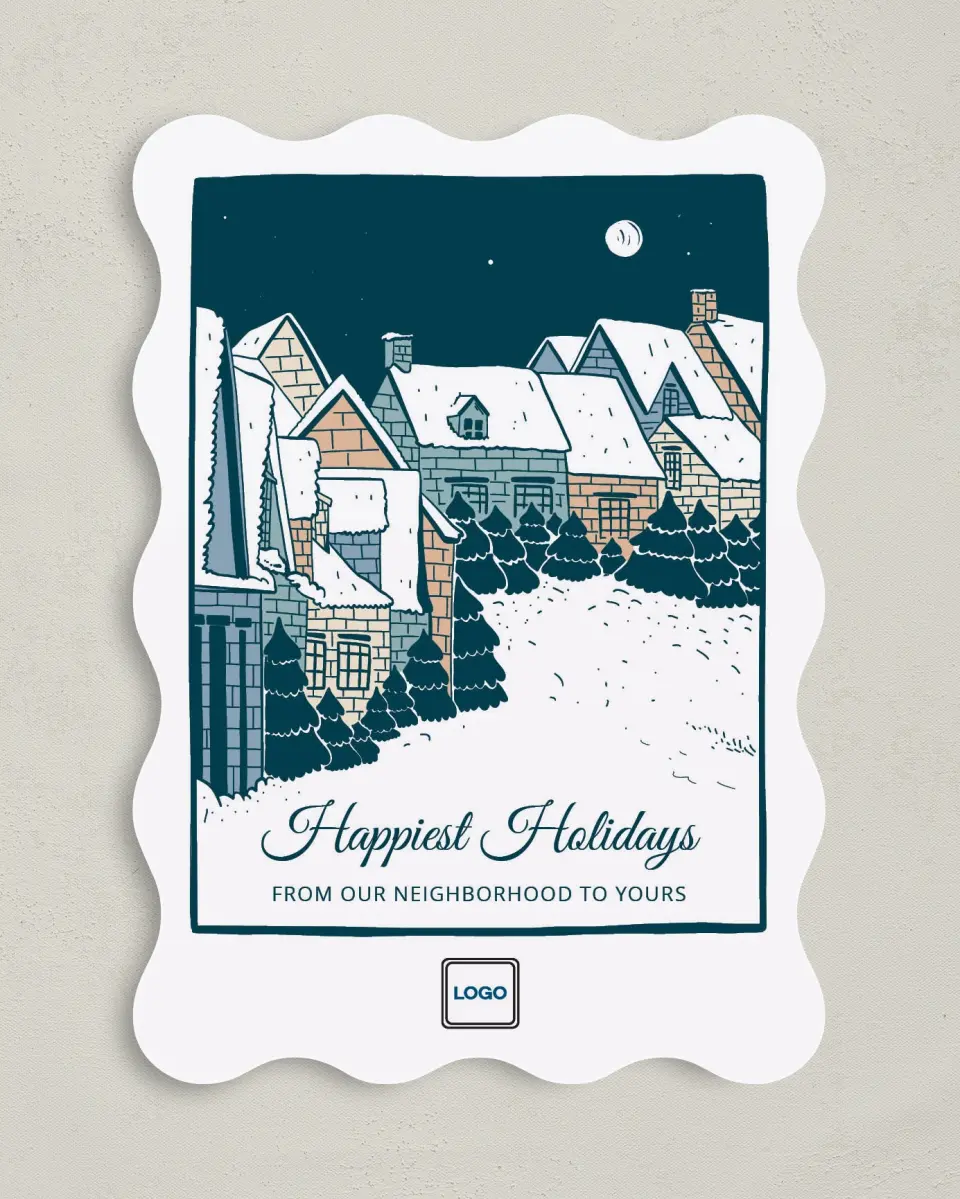 This is a 5" x 7" Christmas Card called Snow-Covered Neighborhood printed in full color on Premium Smooth paper