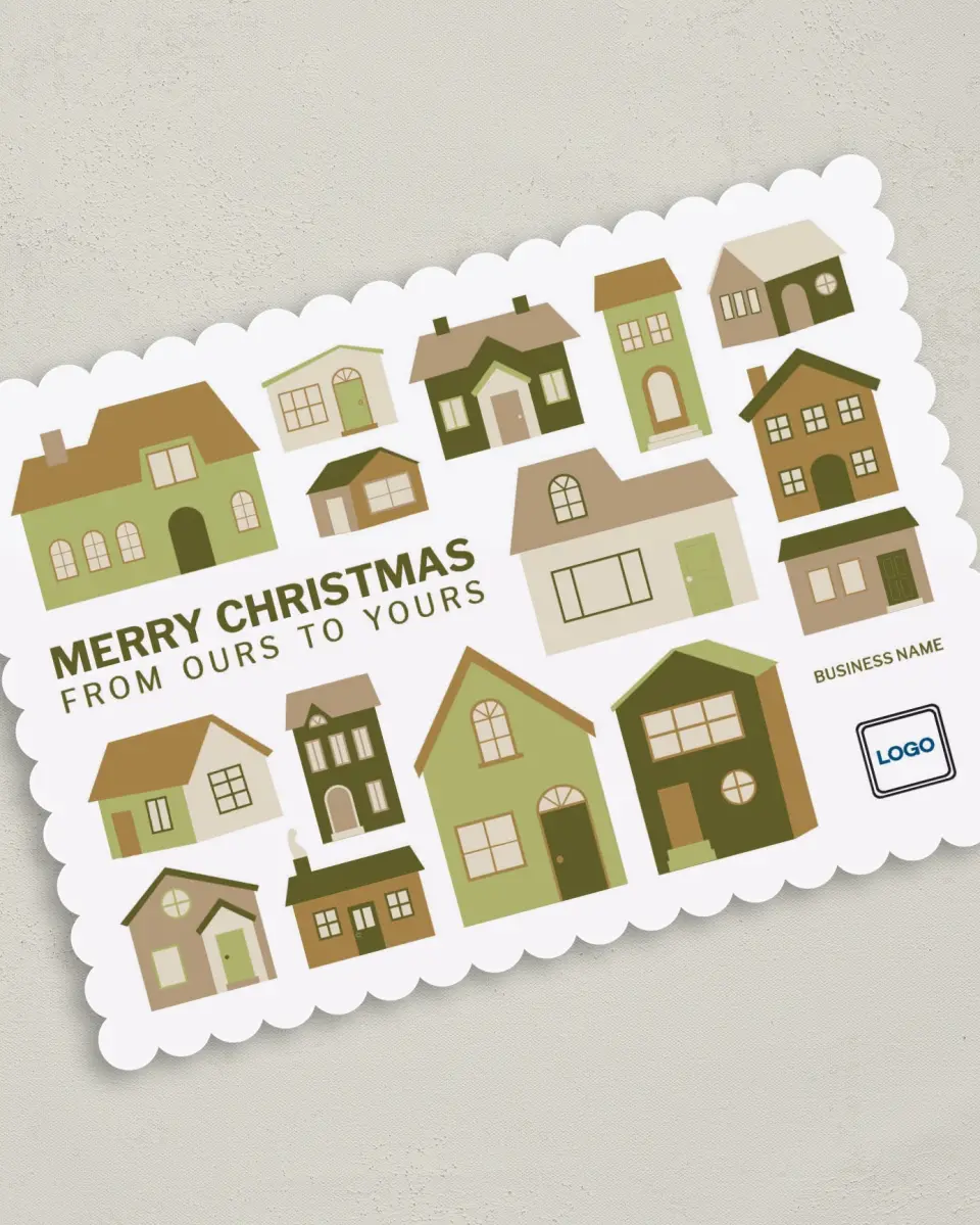 This is a 5" x 7" Christmas Card called Our Home To Yours printed in full color on Premium Smooth paper on Premium Smooth paper on Premium Smooth paper