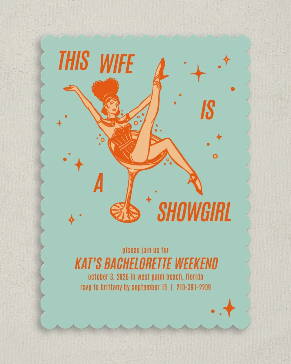 This is a 5" x 7" Bachelorette Party Invitation called Wife of a Showgirl printed in full color on Premium Smooth paper