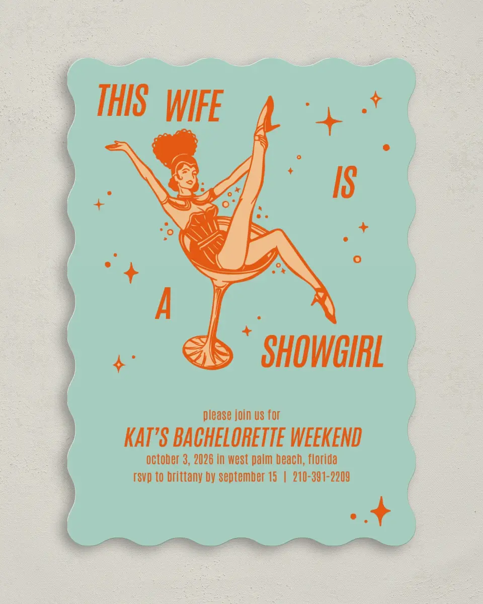 This is a 5" x 7" Bachelorette Party Invitation called Wife of a Showgirl printed in full color on Premium Smooth paper