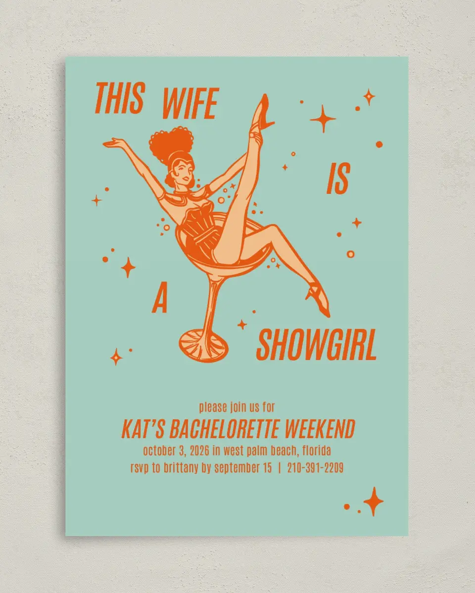 This is a 5" x 7" Bachelorette Party Invitation called Wife of a Showgirl printed in full color on Premium Smooth paper