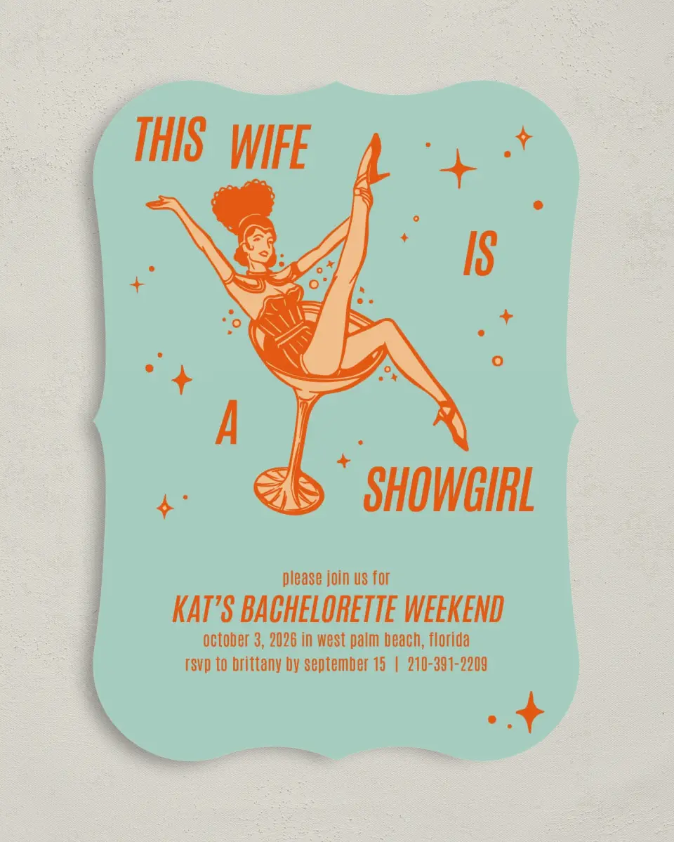 This is a 5" x 7" Bachelorette Party Invitation called Wife of a Showgirl printed in full color on Premium Smooth paper