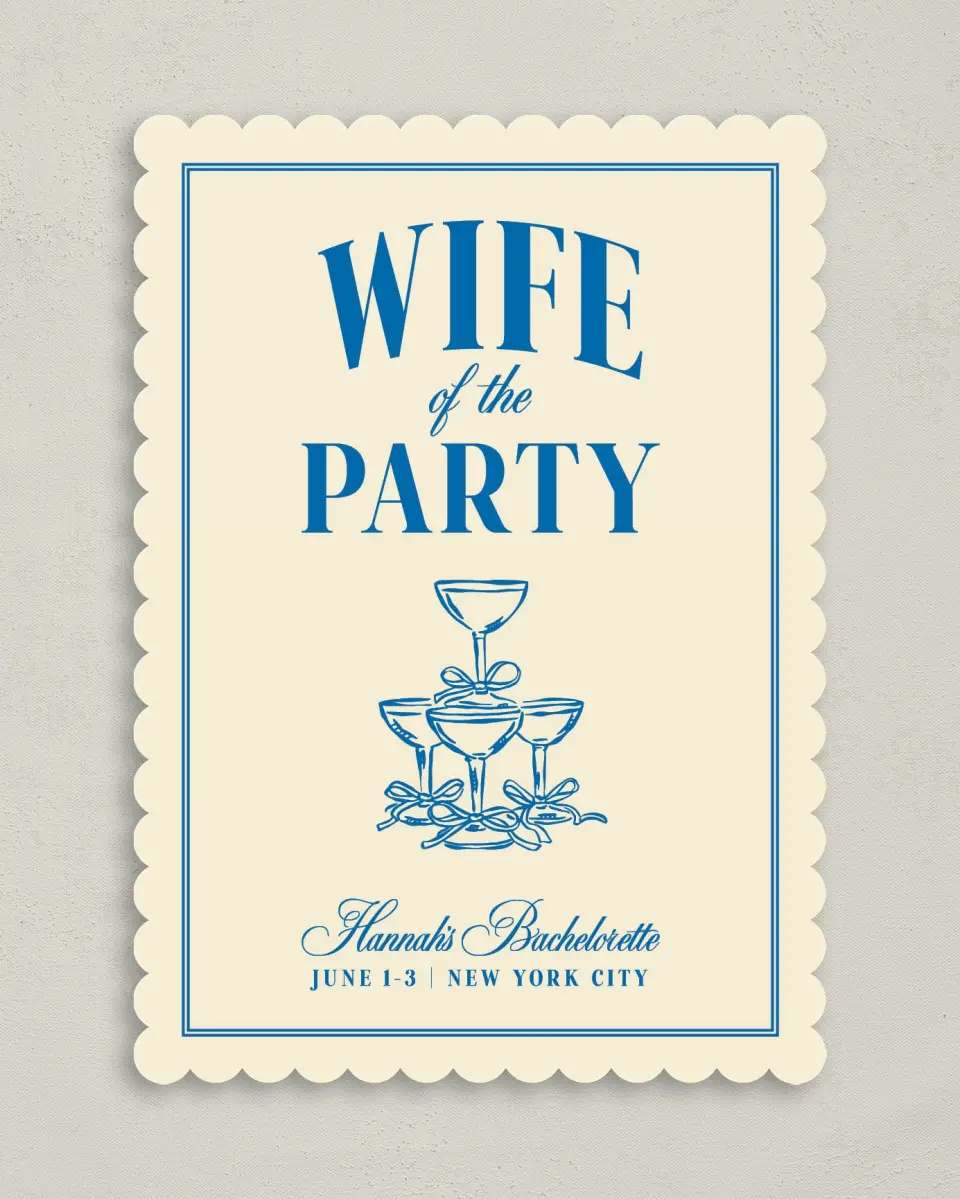This is a 5" x 7" Bachelorette Party Invitation called Wife of the Party printed in full color on Premium Smooth paper