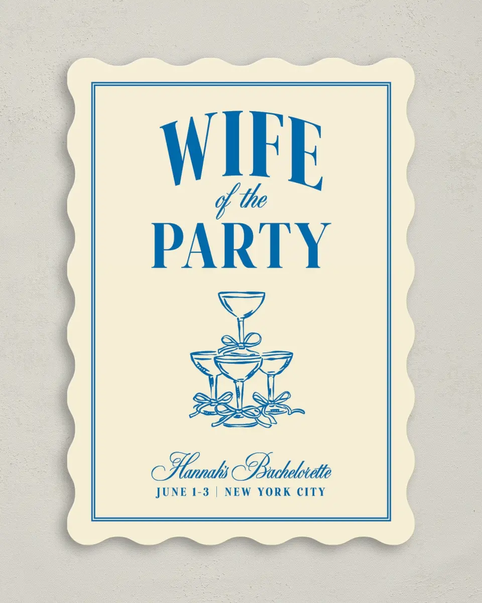 This is a 5" x 7" Bachelorette Party Invitation called Wife of the Party printed in full color on Premium Smooth paper