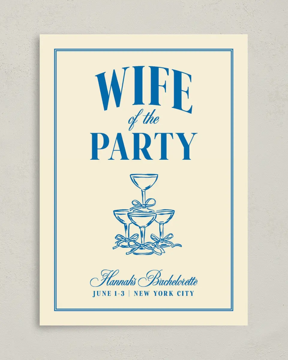 This is a 5" x 7" Bachelorette Party Invitation called Wife of the Party printed in full color on Premium Smooth paper