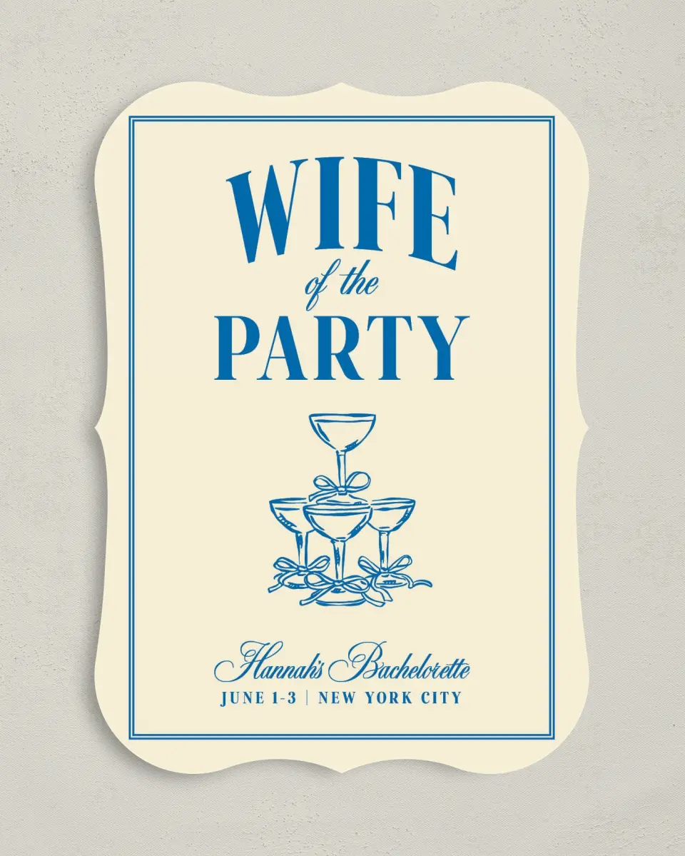This is a 5" x 7" Bachelorette Party Invitation called Wife of the Party printed in full color with Silver foil on Luxe Satin (coated) paper