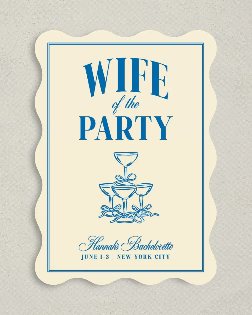 This is a 5" x 7" Bachelorette Party Invitation called Wife of the Party printed in full color on Premium Smooth paper