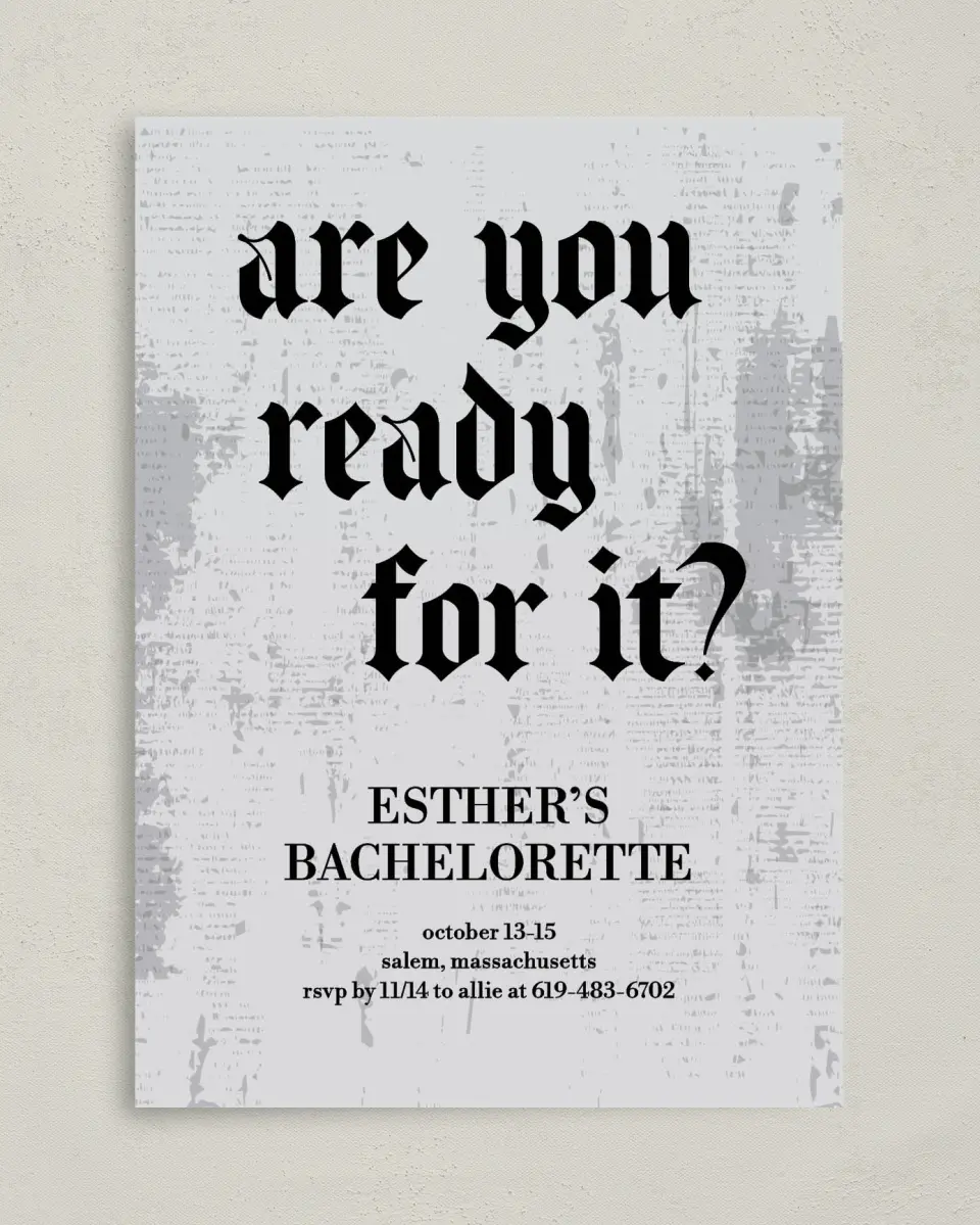 This is a 5" x 7" Bachelorette Party Invitation called Ready For It? printed in full color on Premium Smooth paper
