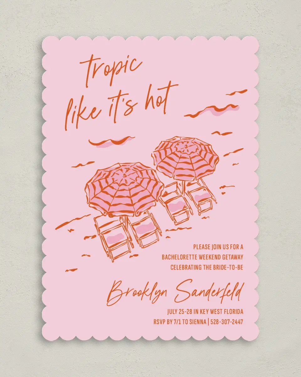 This is a 5" x 7" Bachelorette Party Invitation called Tropic Like It's Hot printed in full color on Premium Smooth paper