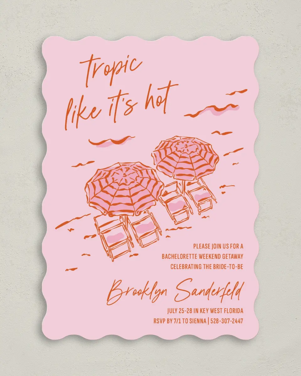 This is a 5" x 7" Bachelorette Party Invitation called Tropic Like It's Hot printed in full color on Premium Smooth paper