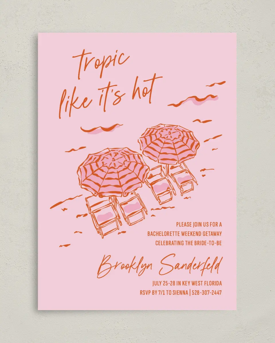 This is a 5" x 7" Bachelorette Party Invitation called Tropic Like It's Hot printed in full color on Premium Smooth paper