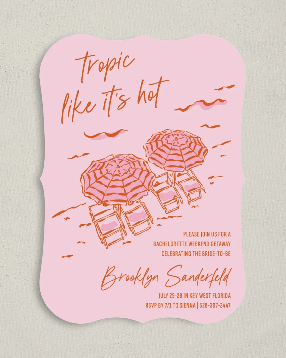 This is a 5" x 7" Bachelorette Party Invitation called Tropic Like It's Hot printed in full color on Premium Smooth paper
