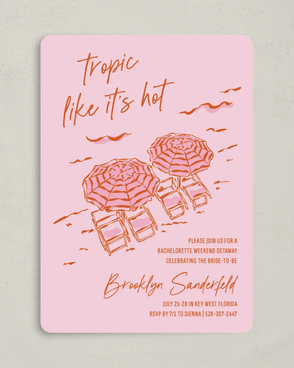 This is a 5" x 7" Bachelorette Party Invitation called Tropic Like It's Hot printed in full color on Premium Smooth paper